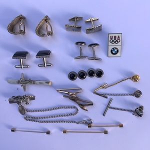 Cuff links, tie clips, tux buttons and pins